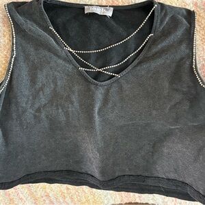 Faded Black Crop Top with Rhinestone detail Blue B.#softgrunge#flareFASTSHIPPING